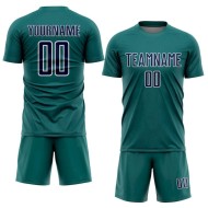 Custom Geometric Teal Jersey Navy-White Soccer Sports Shape Sublimation Uniform