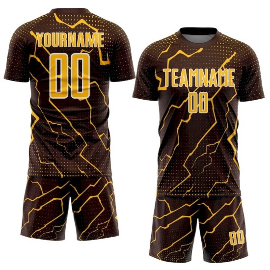 Sports Custom Gold-White Lightning Sublimation Brown Jersey Uniform Soccer