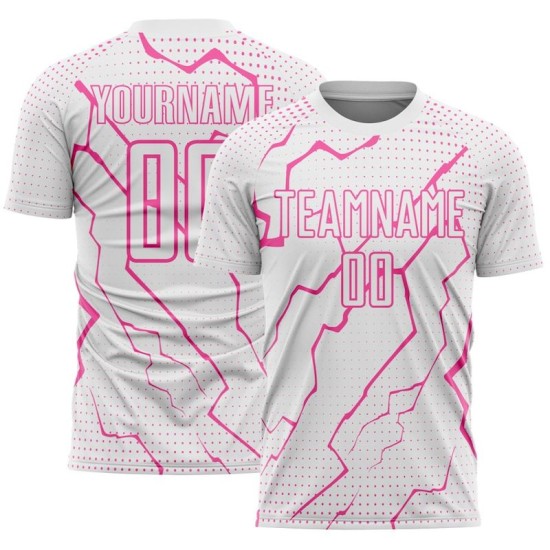 Custom Soccer White Uniform Jersey Sublimation Pink Lightning Sports